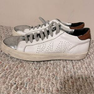 P448 John Leather Shoes White Copper Low Top Lace Casual Sneaker- Size 39 (9)